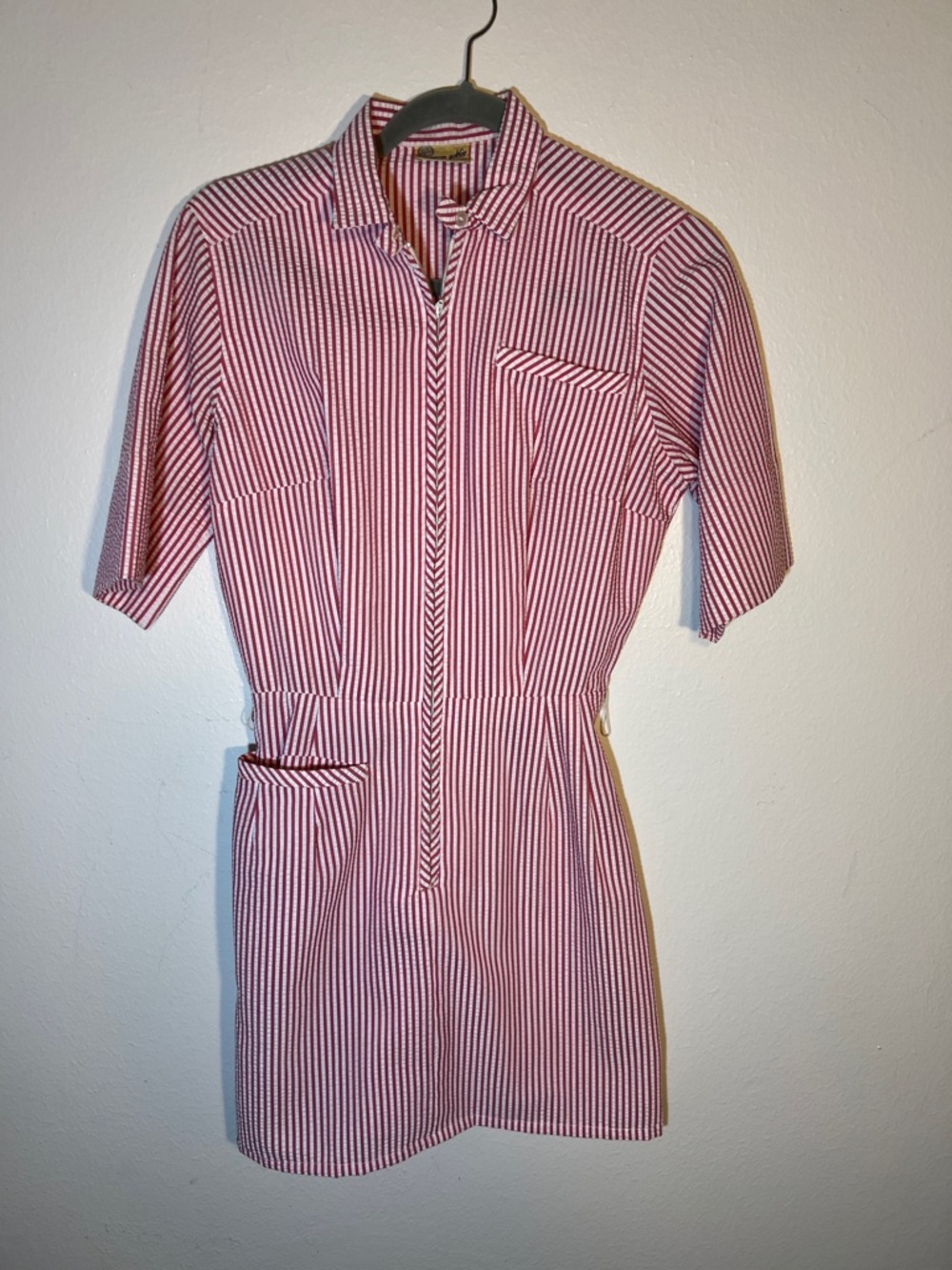 Vintage Seersucker Red and White Striped Zip Front Short Sleeve Mini Dress XS